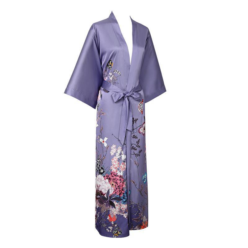 Women's Long Purple Silk Kimono Robe with Sash Colorful Blossoms and Butterflies Paints All Sizes - slipintosoft