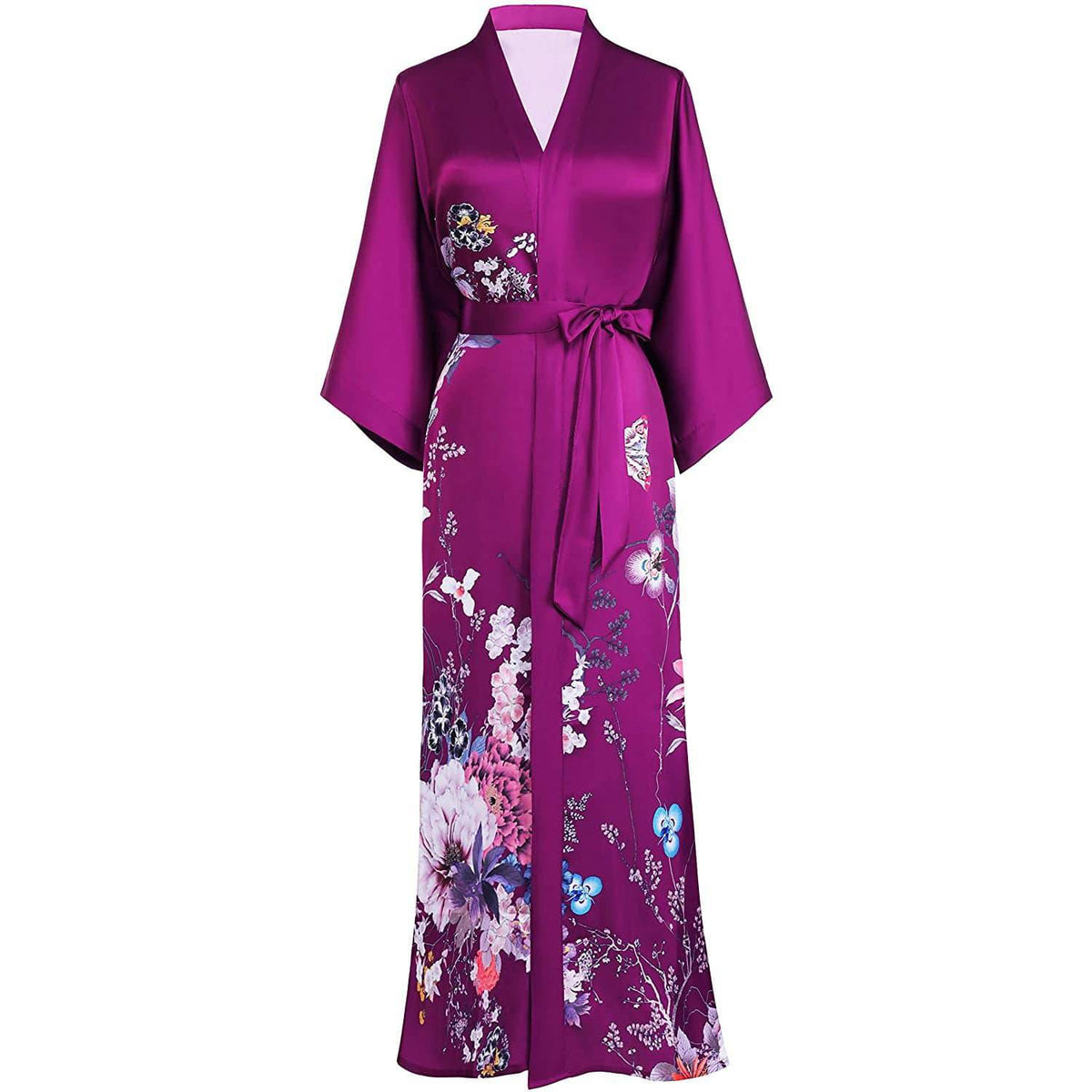 Women's Long Purple Silk Kimono Robe with Sash Colorful Blossoms and Butterflies Paints All Sizes - slipintosoft