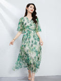 Womens Green Silk Chiffon Dress Silk Maxi Dress Silk Floral Dress