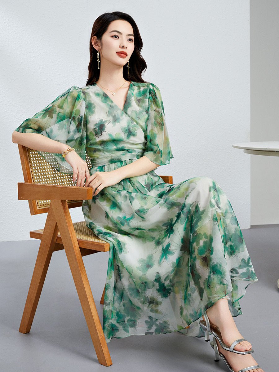 Womens Green Silk Chiffon Dress Silk Maxi Dress Silk Floral Dress