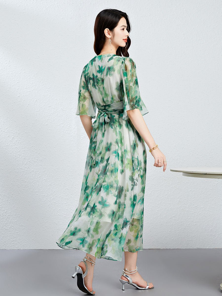 Womens Green Silk Chiffon Dress Silk Maxi Dress Silk Floral Dress