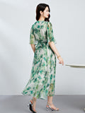 Womens Green Silk Chiffon Dress Silk Maxi Dress Silk Floral Dress
