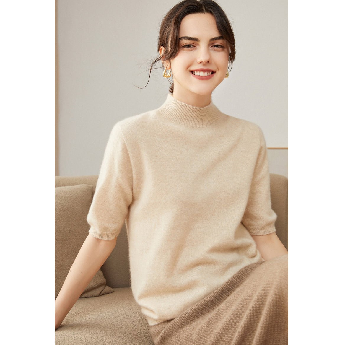 Women's Half-Sleeve Superfine 100% Cashmere Half Turtleneck Sweater - slipintosoft