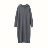 Womens Hooded Cashmere Sweater Dress Long Sleeve Cashmere Midi Dress Gray XS