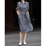Womens Key Print Silk Shirt Dress Belted Silk Midi Dress Navy Blue XS