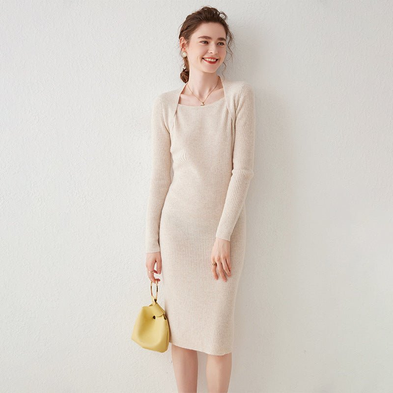 Womens Cashmere Ribbed Knit Midi Dress Long Sleeve Square Neck Dress