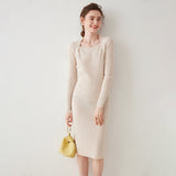 Womens Cashmere Ribbed Knit Midi Dress Long Sleeve Square Neck Dress