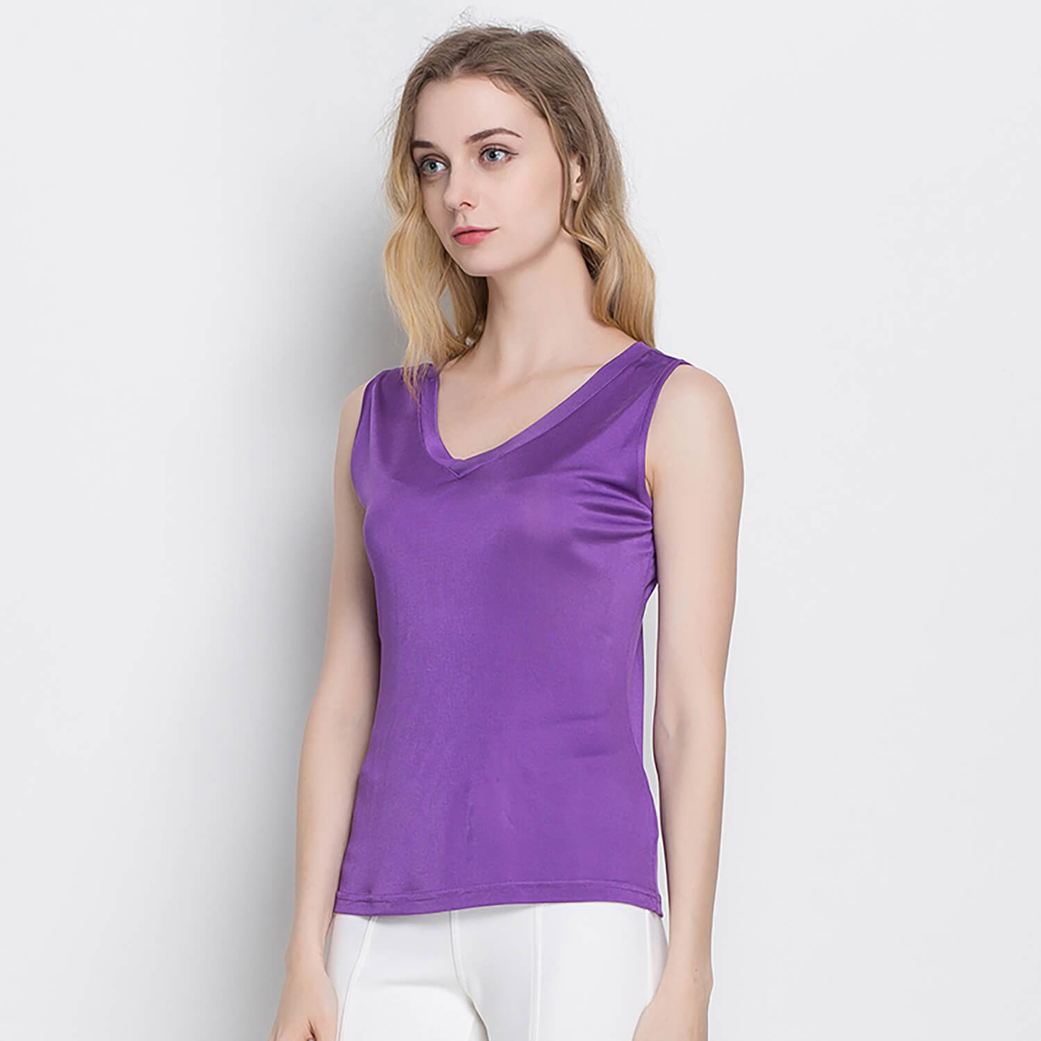 Women's Knitted V Neck Silk Sleeveless Tank Top T-Shirt Top - slipintosoft