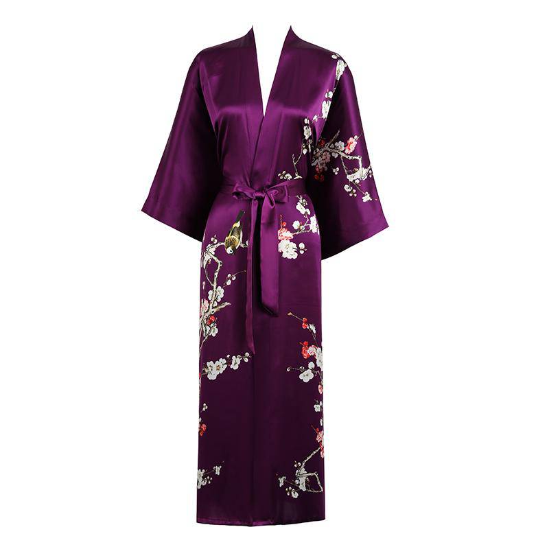 100% Long Silk Kimono Robe for Women Cherry Blossom Printing Luxury Mulberry Silk Robe - slipintosoft