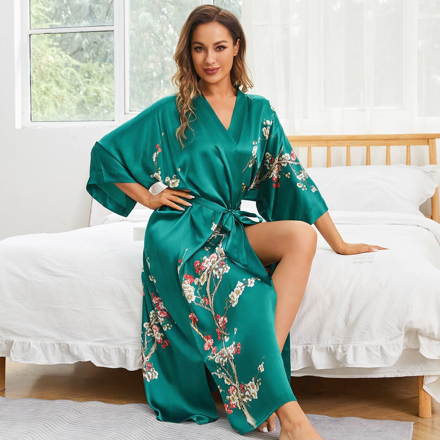 women's long Blossom Printing pure Silk Kimono Robes Silk Bathrobe - slipintosoft