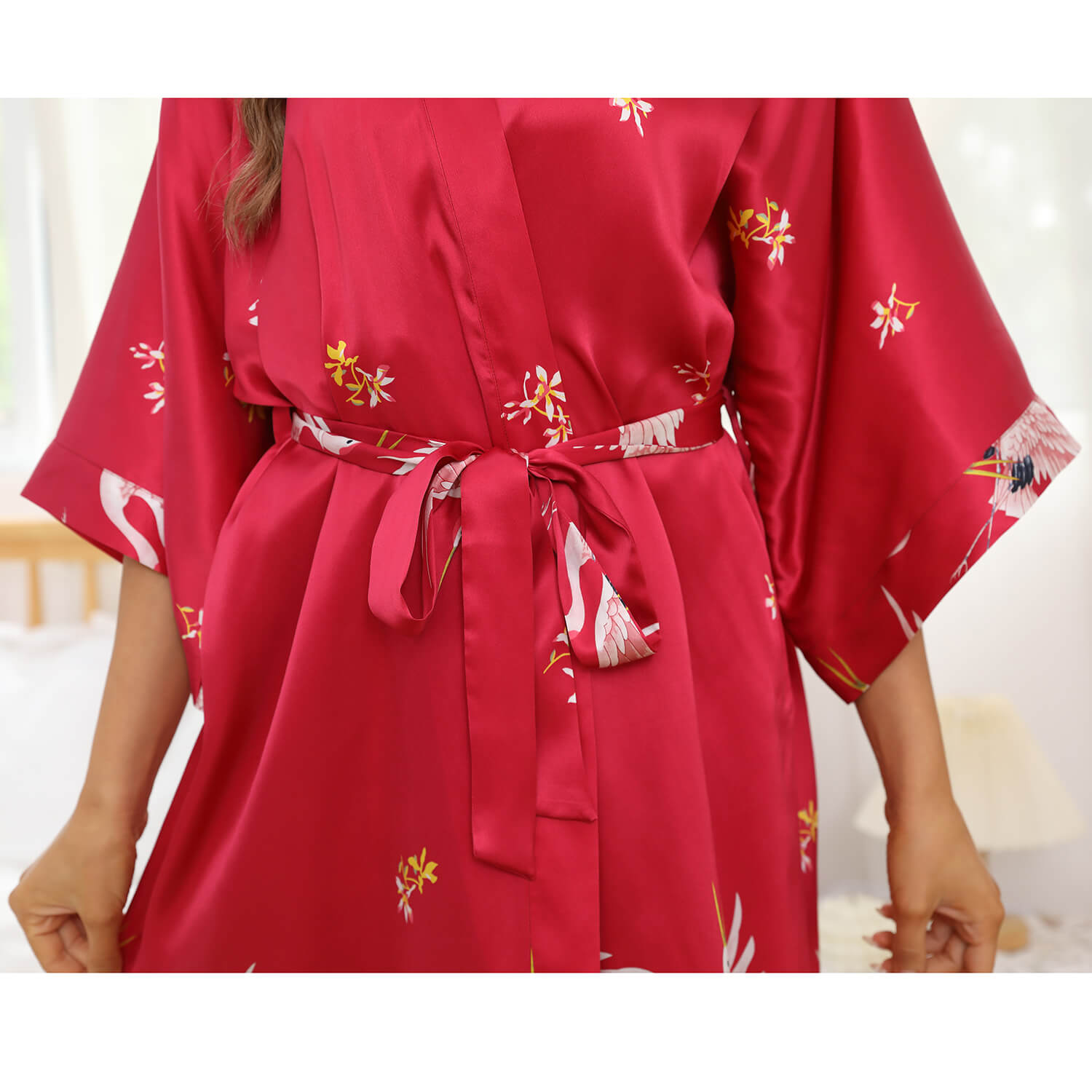 Long Silk Kimono Robe with Belt Crane Prints Women's Silk Robe - slipintosoft