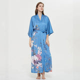 Women's 100% Silk Kimono Robe Blue Floral Printed 3/4 Sleeves Japanese Bath Robes All Sizes - slipintosoft