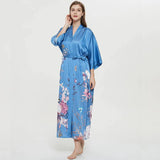 Women's 100% Silk Kimono Robe Blue Floral Printed 3/4 Sleeves Japanese Bath Robes All Sizes - slipintosoft