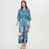 Women's 100% Silk Kimono Robe Blue Floral Printed 3/4 Sleeves Japanese Bath Robes All Sizes - slipintosoft