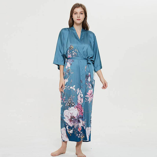 Women's 100% Silk Kimono Robe Blue Floral Printed 3/4 Sleeves Japanese Bath Robes All Sizes - slipintosoft