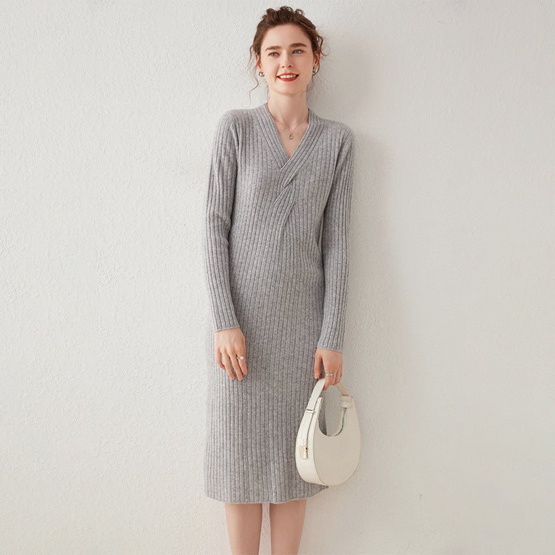 Women's Long Sleeve Cashmere Dress Cable-Knitted Midi Dresses - slipintosoft