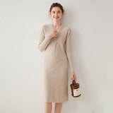 Women's Long Sleeve Cashmere Dress Cable-Knitted Midi Dresses - slipintosoft