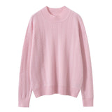 Womens Long Sleeve Pure Cashmere Sweater Crew Neck Cashmere Knit Pullover Pink XS