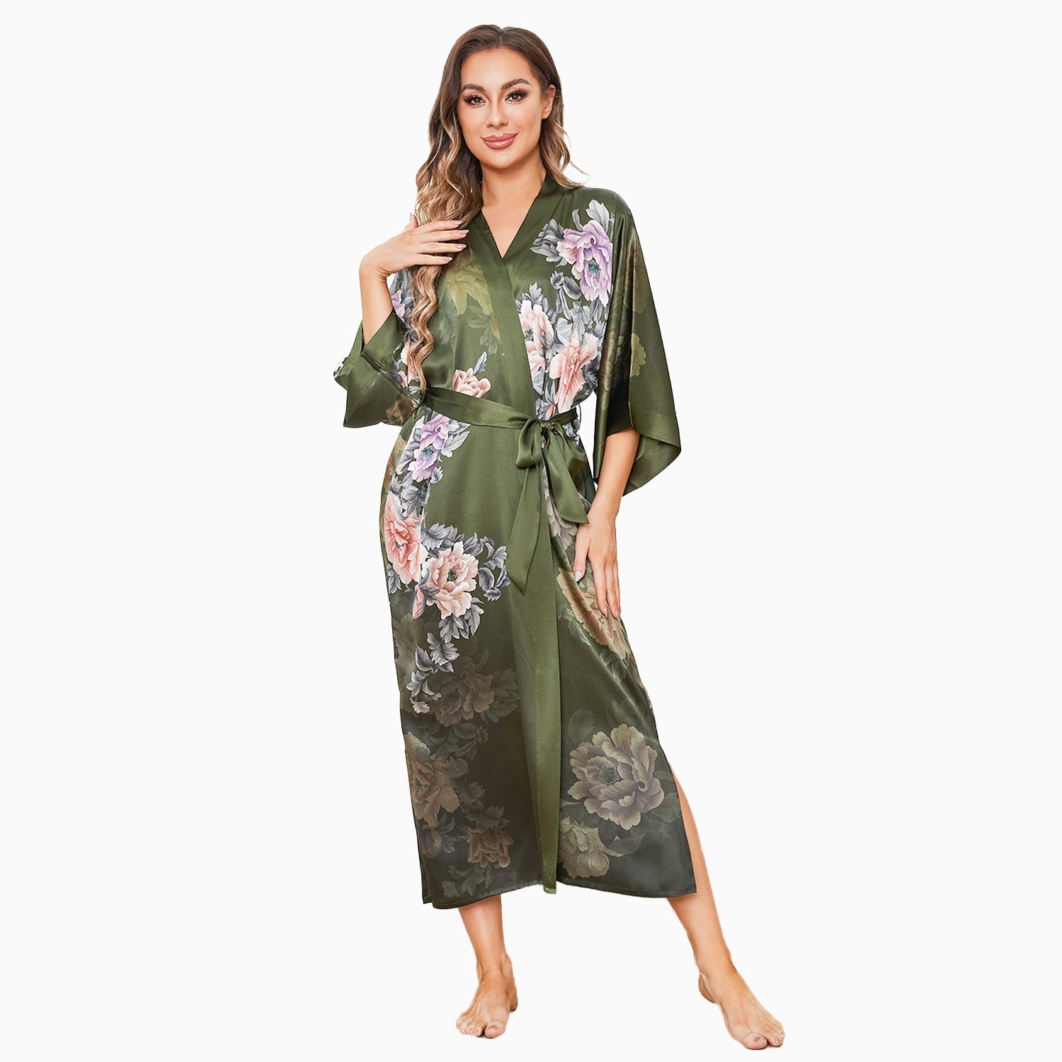 women's Flower Silk Kimono Robe long Flower Print Pure Silk Kimono - slipintosoft