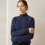 Womens Mock Neck Cable Knit Cashmere Sweater Textured Cashmere Pullover Navy Blue XS