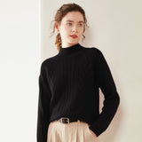 Womens Mock Neck Cable Knit Cashmere Sweater Textured Cashmere Pullover Black XS