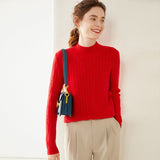 Womens Mock Neck Cashmere Sweater Cable Knit Long Sleeve Cashmere Pullover Red XS