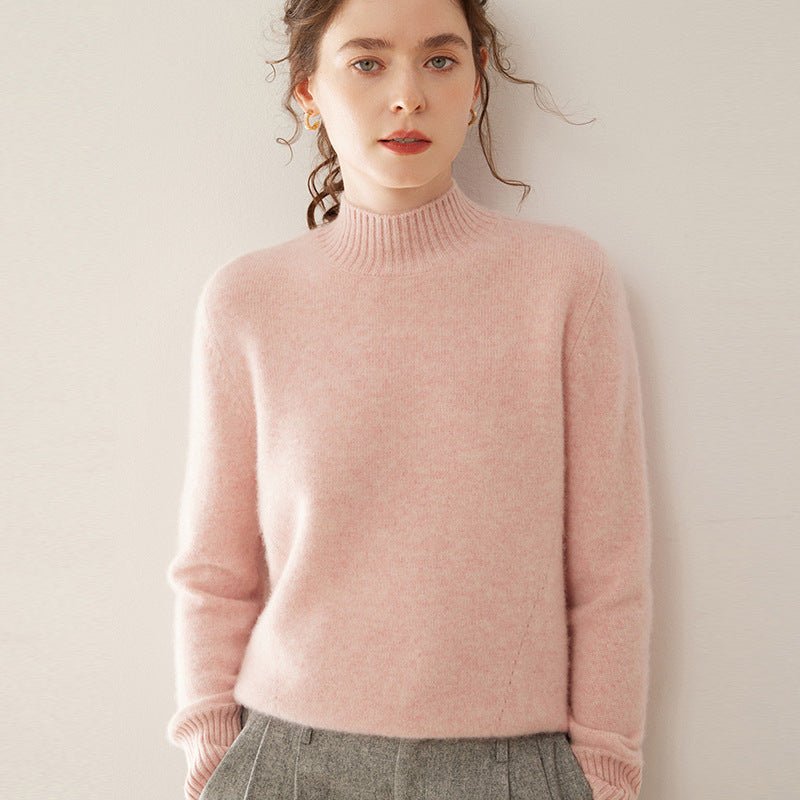 Womens Mock Neck Cashmere Sweater Long Sleeve Cashmere Pullover Ribbed Finishing Pink XS