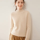 Womens Mock Neck Cashmere Sweater Long Sleeve Cashmere Pullover Ribbed Finishing Beige XS