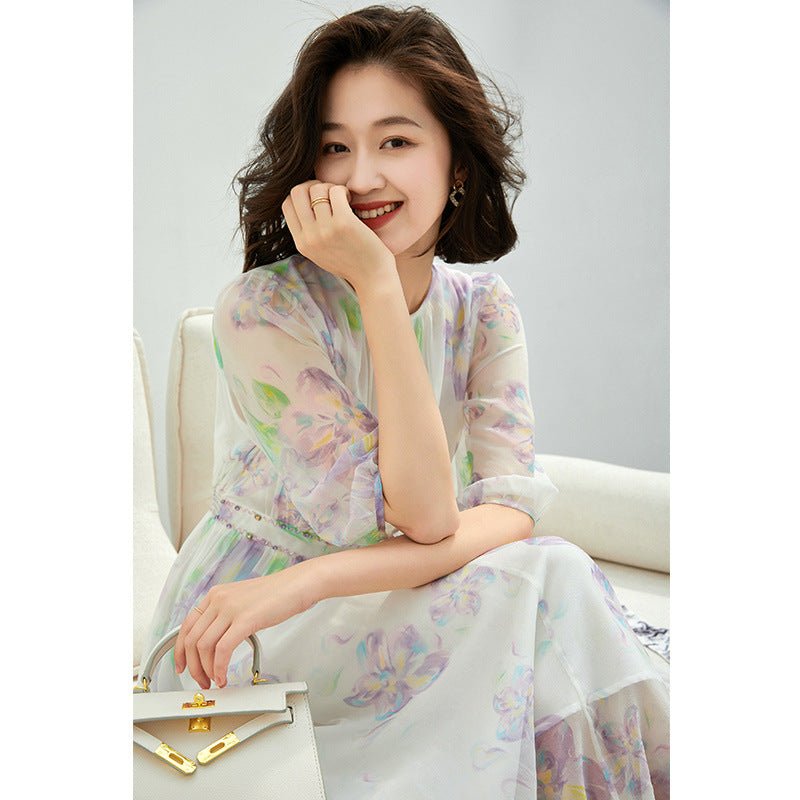 Womens Pastel Floral Silk Midi Dress Sheer Sleeve White Silk Dress