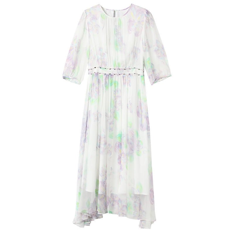 Womens Pastel Floral Silk Midi Dress Sheer Sleeve White Silk Dress