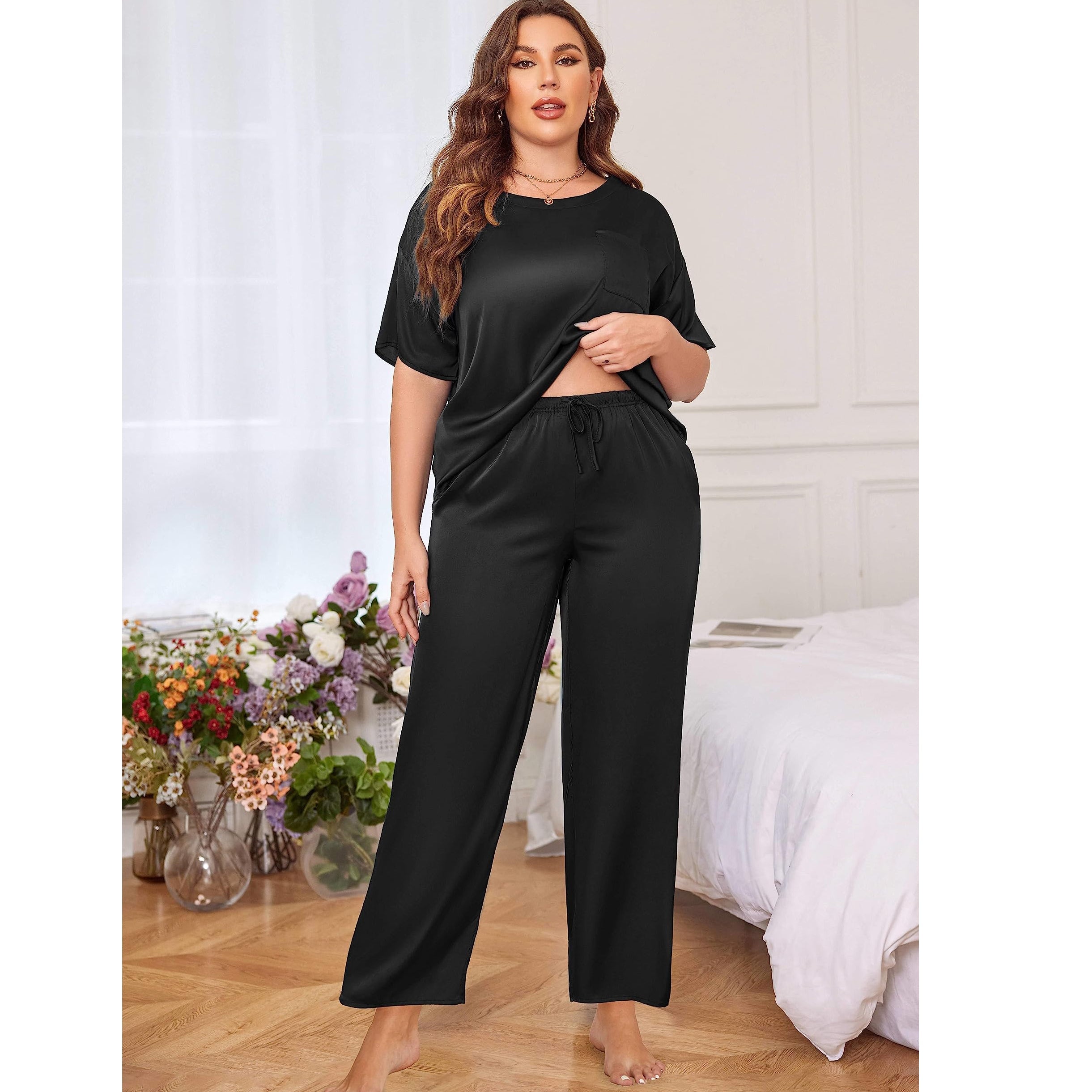 Plus Size Women's Silk Pajamas Set Short Sleeve Long Pants Silk Sleepwear - slipintosoft