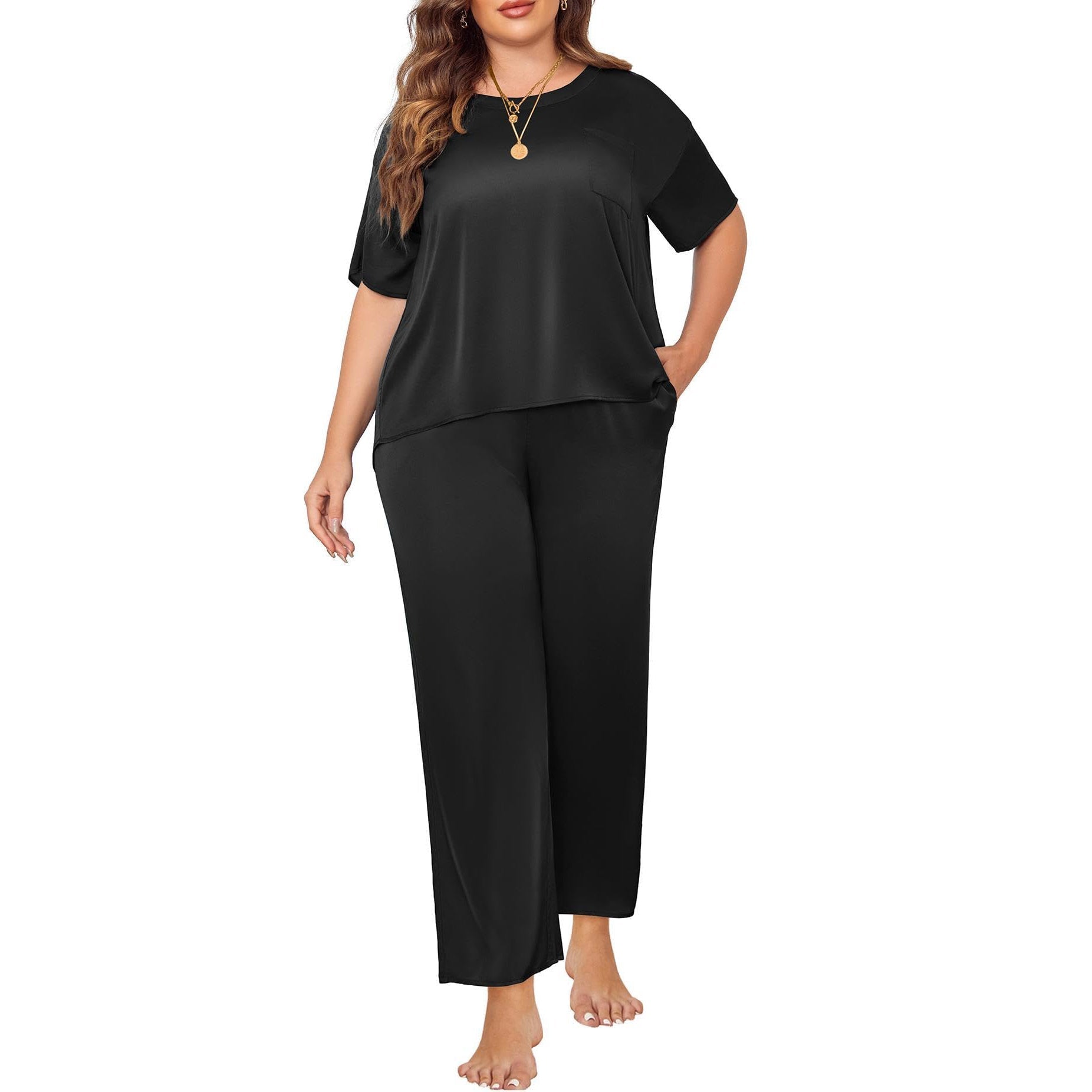 Plus Size Women's Silk Pajamas Set Short Sleeve Long Pants Silk Sleepwear - slipintosoft