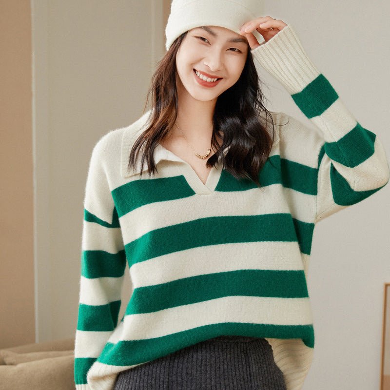 Women's Polo Cashmere Sweater Wide Striped Drop Shoulder Pullover Tops - slipintosoft