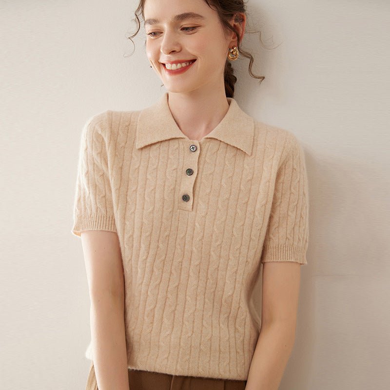 Womens Polo Neck Cashmere Sweater Short Sleeve Cable Knit Cashmere Top Beige XS