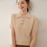Womens Polo Neck Cashmere Sweater Short Sleeve Cable Knit Cashmere Top Beige XS