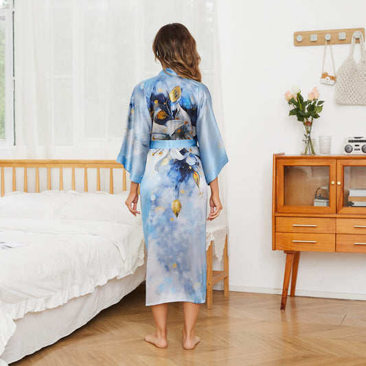 Long 100% Silk Kimono Robes Handpainted Flower for Women Silk Robe - slipintosoft