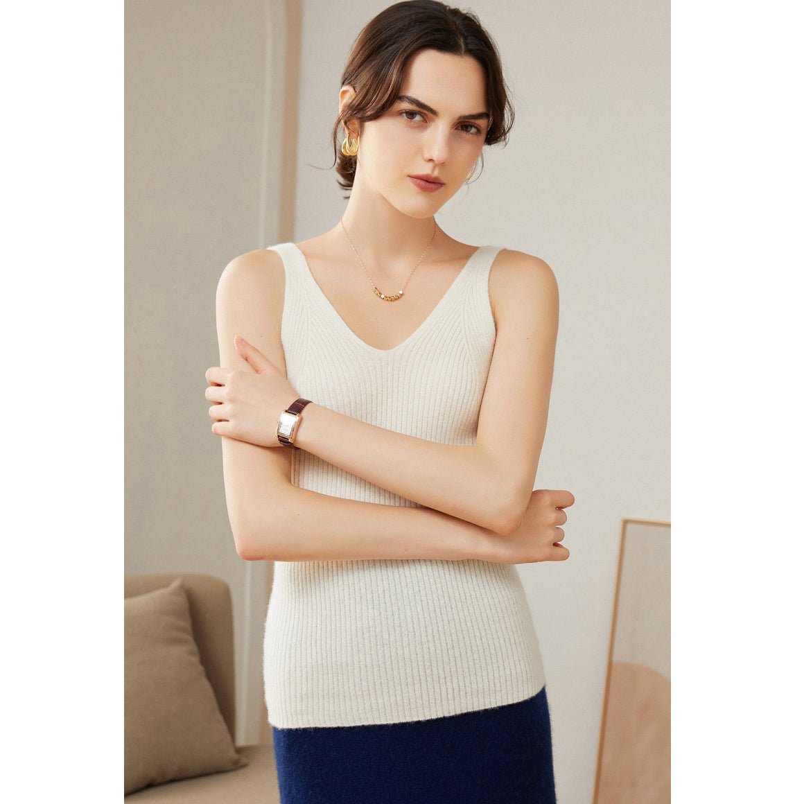 Women's Ribbed 100% Cashmere V-Neck Tank - slipintosoft