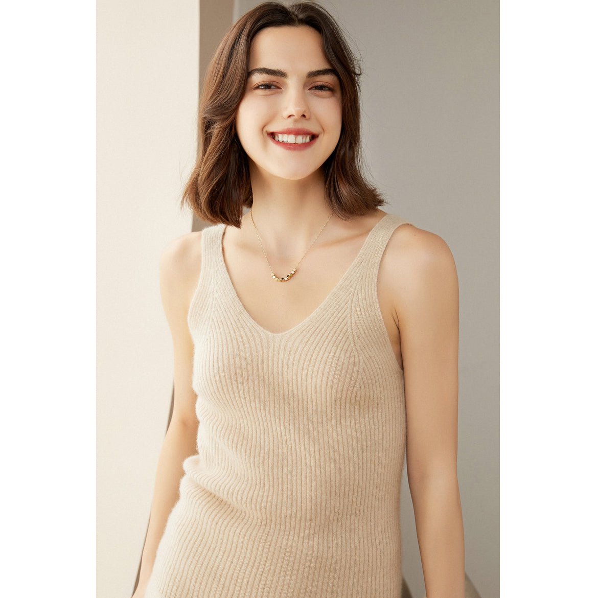 Women's Ribbed 100% Cashmere V-Neck Tank - slipintosoft