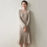 Womens Ribbed Cashmere Knit Midi Dress V Neck Flared Sleeve Cashmere Sweater Dress Oatmeal XS