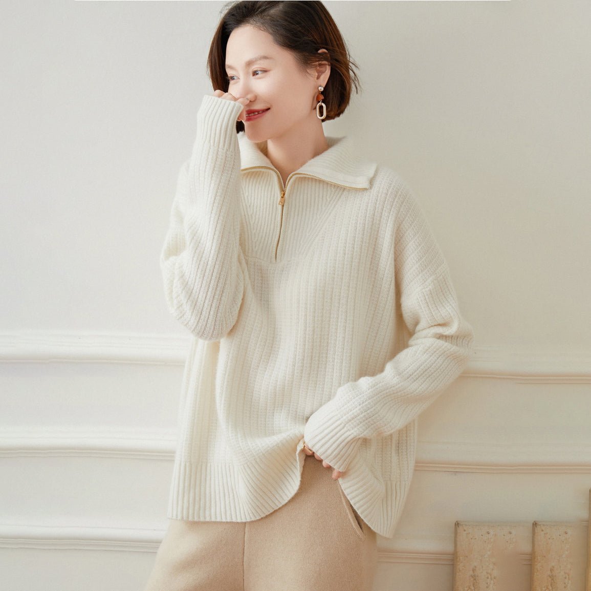 Womens Ribbed Half - Zip Collar Long Sleeve Cashmere Sweater