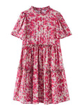 Womens Romantic Red Floral Silk Dress Ruffle Neck Silk Dress