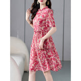 Womens Romantic Red Floral Silk Dress Ruffle Neck Silk Dress