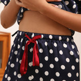 Women's Short Silk Pajamas Set Polka Dots Print Silk Sleepwear printed silk sleepwear