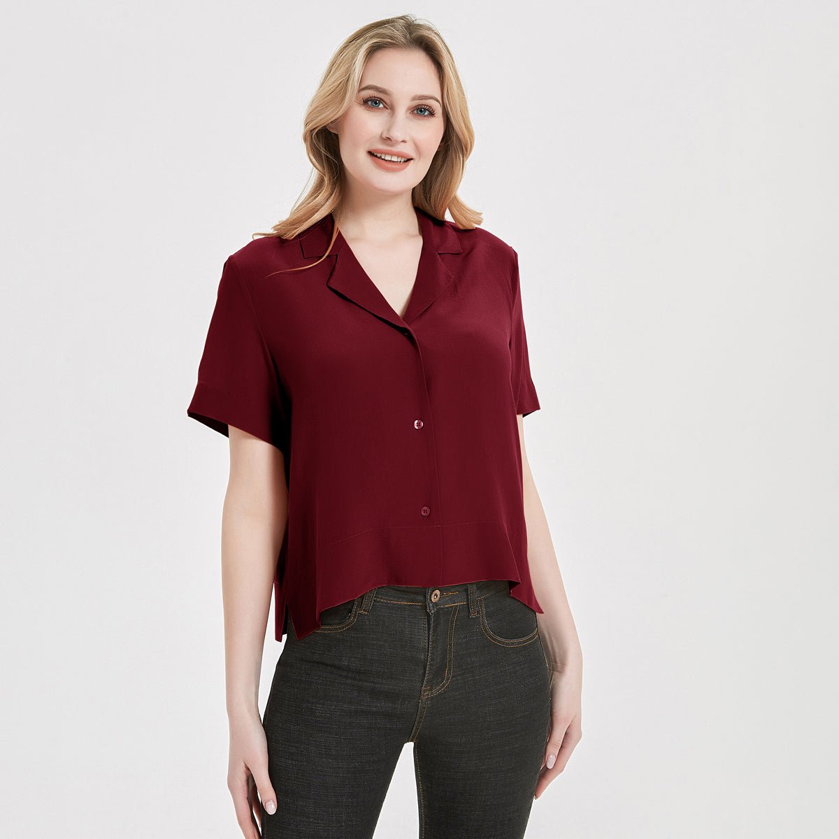 Womens Silk Blouse Shirt Short Sleeve Silk Lady Shirt Blouse Tops Claret S