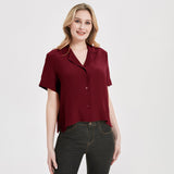 Womens Silk Blouse Shirt Short Sleeve Silk Lady Shirt Blouse Tops Claret S