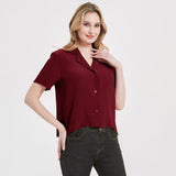Womens Silk Blouse Shirt Short Sleeve Silk Lady Shirt Blouse Tops Claret S