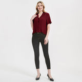 Womens Silk Blouse Shirt Short Sleeve Silk Lady Shirt Blouse Tops Claret S
