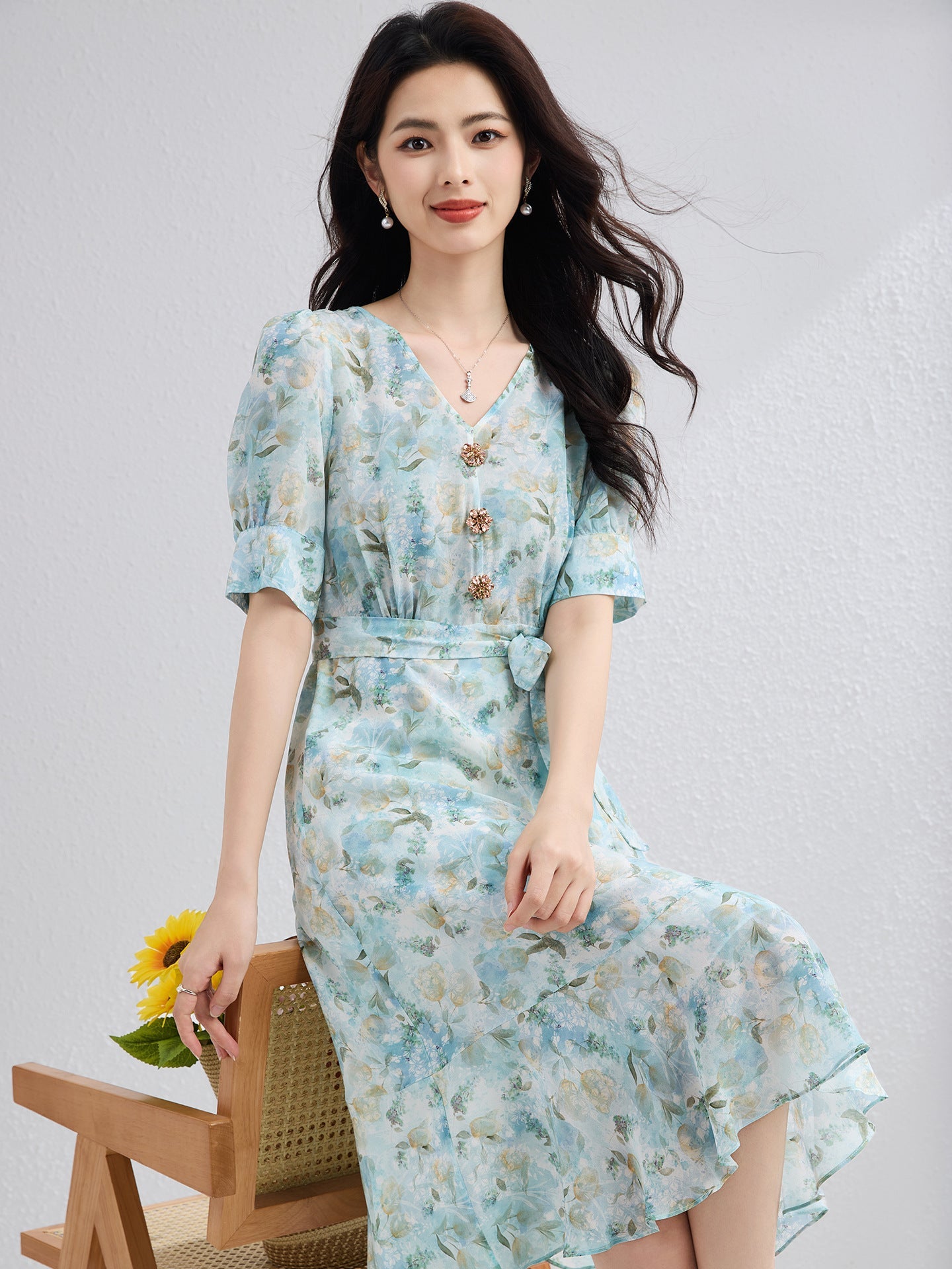 Womens Silk Floral Dress with Waist Tie Puff Sleeve Silk Midi Dress Blue XS