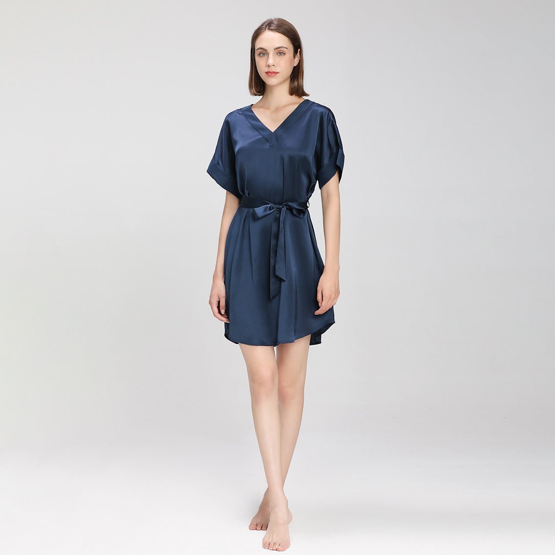 Elegant V Neck Silk Nightgown with belt Women Short Sleeves Luxury Nightwear Silk Dress - slipintosoft