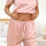 Women's Silk Pajamas Set Short Sleeve Long Pants Silk Sleepwear - slipintosoft